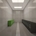 Narrow Corridor With Gray Walls Ceiling Lights Black Door Lined With Colored Trash Bins