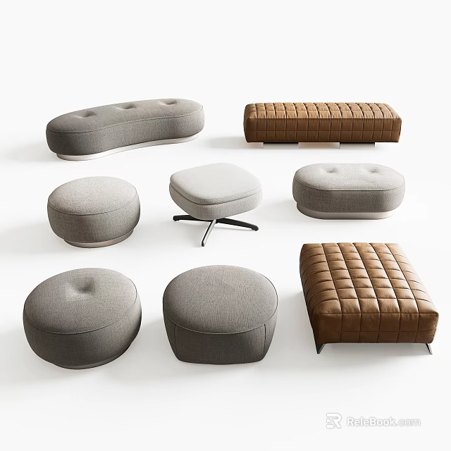 Various Shaped Modern Ottoman With Gray Brown Fabric Metal Legs And Tufted Design 3d model 