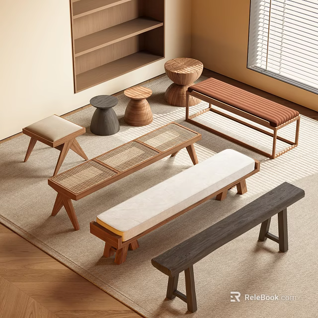 Modern Wooden Stools And Benches With Rattan Details In Different Designs For Indoor Decor 3d model 
