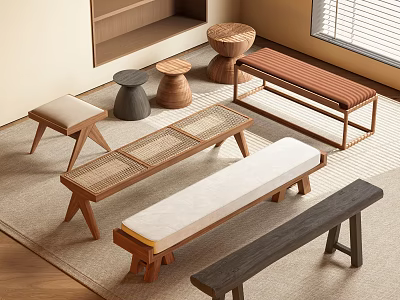 Modern Wooden Stools And Benches With Rattan Details In Different Designs For Indoor Decor 3d model