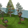 Multiple Round Design Treehouses With Spiral Staircase Surrounded by Trees Grass and Water
