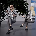 A Woman In Plaid Shirt Gray Pants Sitting Under Tree With Blue Sky White Clouds