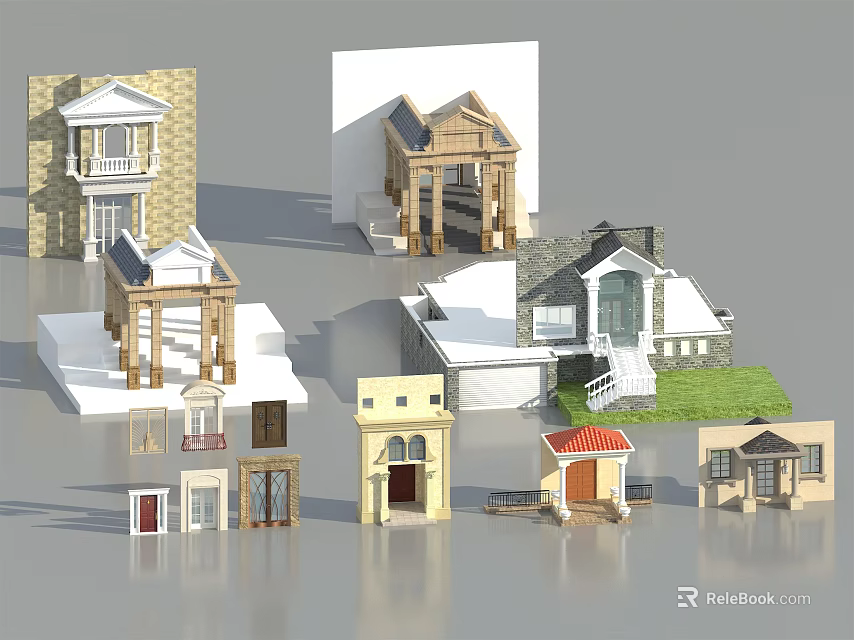 Multiple Entrance Door Designs Showcasing Different Home Architectural Styles And Models 3d model