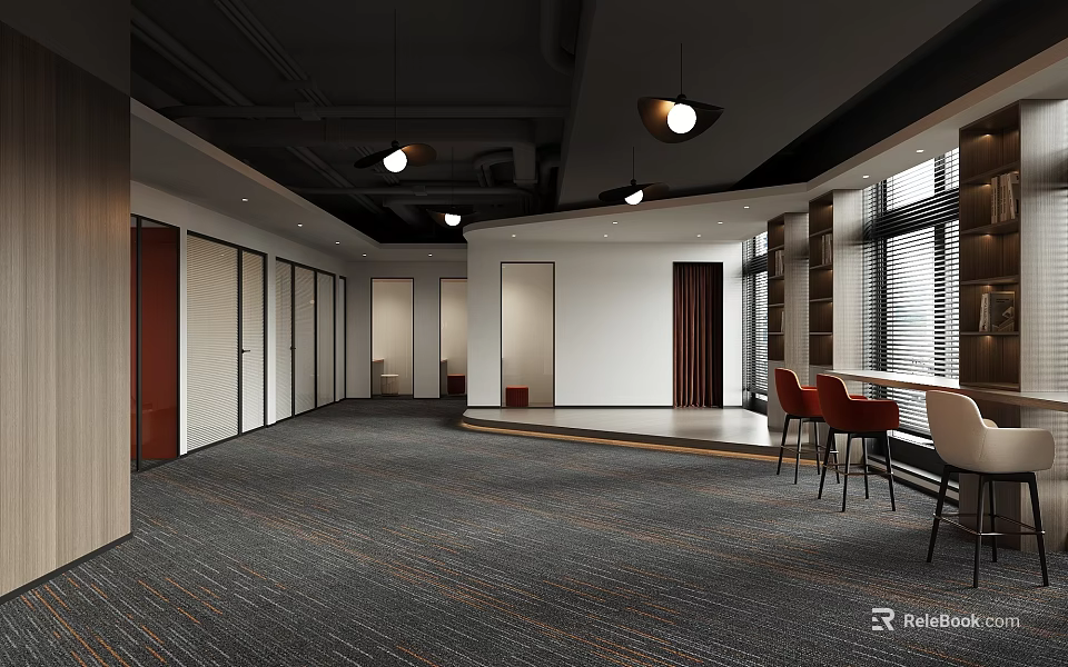 Modern Commercial Interior With Carpeted Floor And Pendant Lights 3d model 