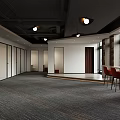 Modern Commercial Interior With Carpeted Floor And Pendant Lights