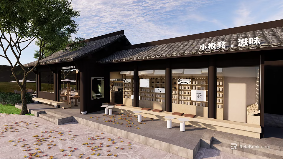 Traditional Chinese Teahouse Exterior With Traditional Roof Wooden Structure Display Windows Outdoor Seating And Trees 3d model 