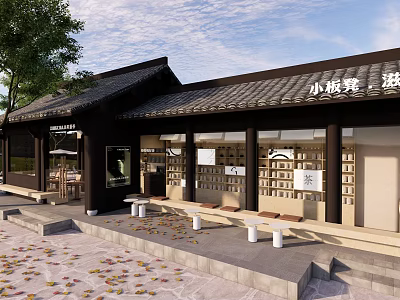 Traditional Chinese Teahouse Exterior With Traditional Roof Wooden Structure Display Windows Outdoor Seating And Trees 3d model