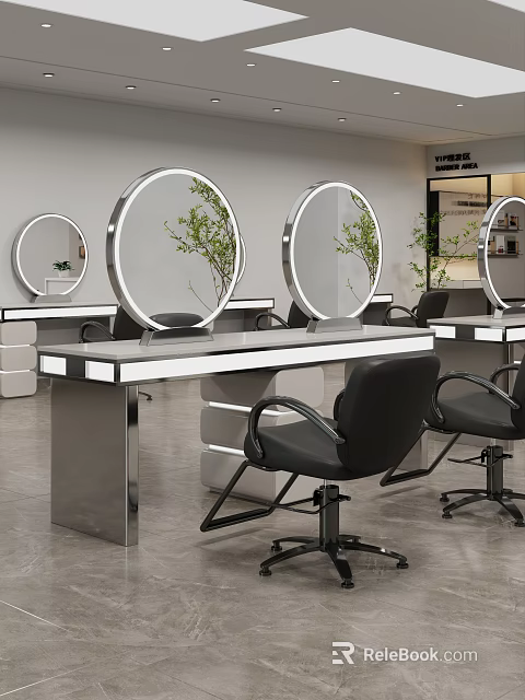 Modern Beauty Salon Interior With Illuminated Round Mirrors And Black Workstations 3d model 