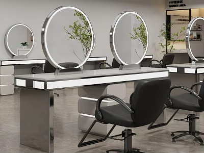 Modern Beauty Salon Interior With Illuminated Round Mirrors And Black Workstations 3d model