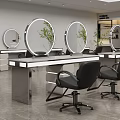 Modern Beauty Salon Interior With Illuminated Round Mirrors And Black Workstations