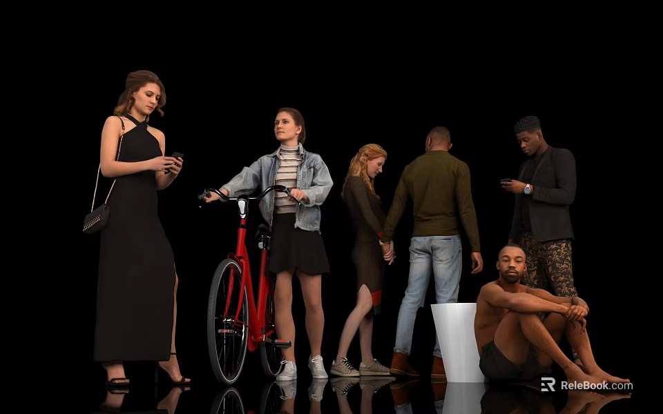Diverse group of people interacting holding phones pushing red bicycle and sitting on black background 3d model 