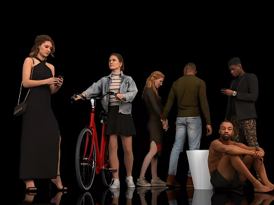 Diverse group of people interacting holding phones pushing red bicycle and sitting on black background 3d model