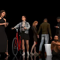 Diverse group of people interacting holding phones pushing red bicycle and sitting on black background