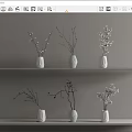 White Vases With Various Flowers And Branches On Two Level Gray Shelves 3d model