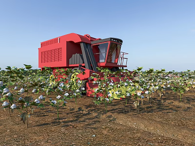 Red Combine Harvester Harvesting Cotton In Field With Lush Green Plants 3d model