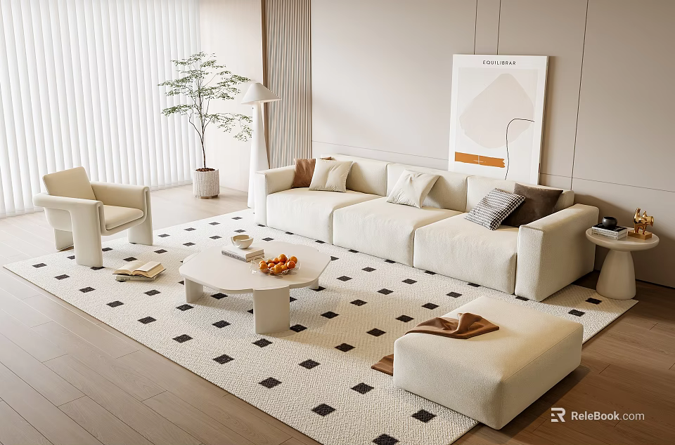 Modern White Sofa and Coffee Table Set with Rug Plant Floor Lamp and Wall Art 3d model 