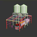 Truck Parked Under Metal Framework With Two White Silos In Industrial Area
