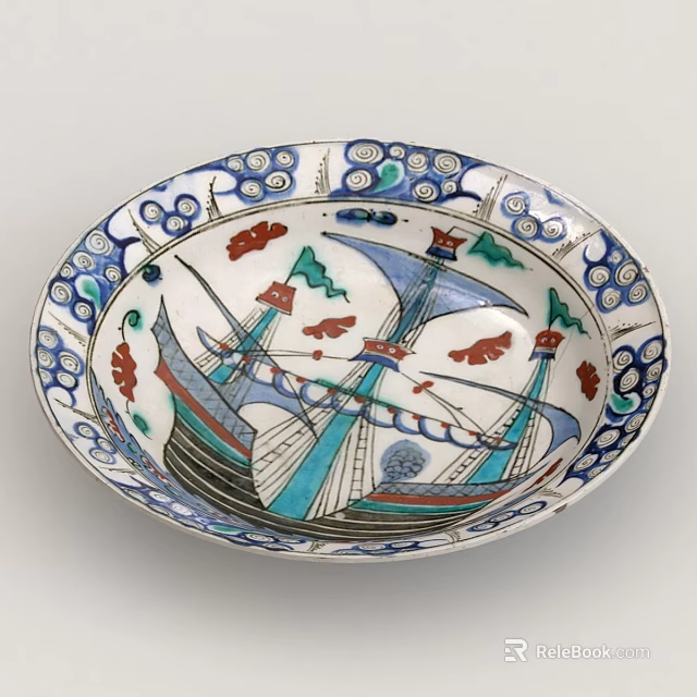 Decorative Ceramic Bowl With Blue White Patterns Red Green Sailing Ships And Scroll Rim Design 3d model 