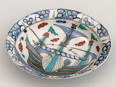 Decorative Ceramic Bowl With Blue White Patterns Red Green Sailing Ships And Scroll Rim Design 3d model