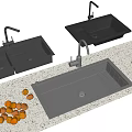 Black Kitchen Sink With Faucet Drainer Rack And Fresh Fruits Vegetables On Countertop