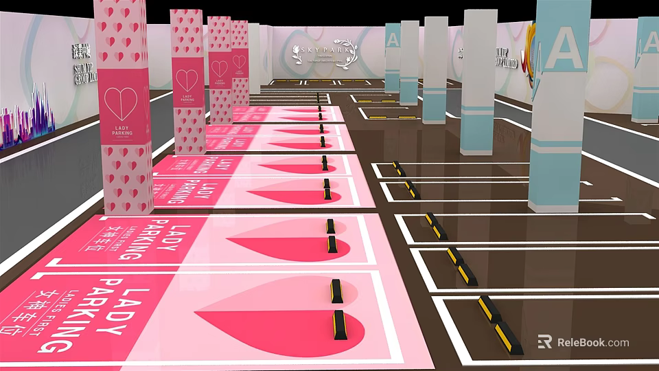 Pink Themed Parking Lot With Heart Shaped Markings And Decorated Columns 3d model 
