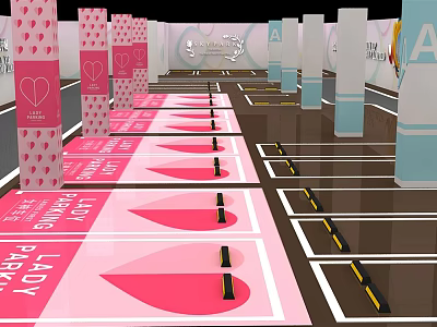 Pink Themed Parking Lot With Heart Shaped Markings And Decorated Columns 3d model
