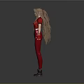 Woman Wearing Red Top Red Leather Pants Red Gloves With Long Hair Against Gray Background