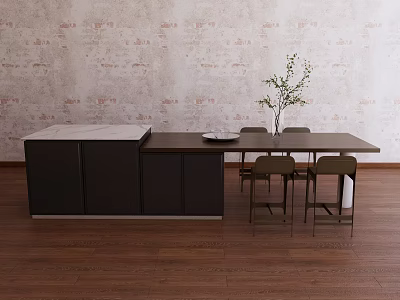 Modern Open Kitchen Interior Design With Stylish Bar Counter And Wooden Chairs 3d model