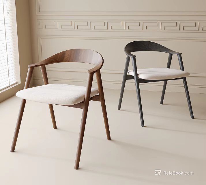 Minimalist Modern Dining Chairs With Walnut Wood Black Frame Armrests Padded Seats 3d model 