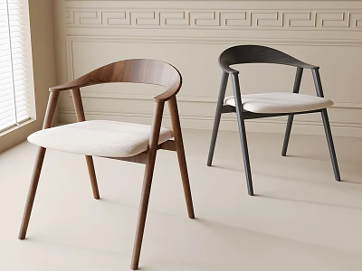 Minimalist Modern Dining Chairs With Walnut Wood Black Frame Armrests Padded Seats 3d model