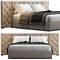 Double Bed With Tufted Beige Headboard White Pillows And Gray Blanket 3d model
