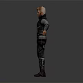 Man In Tactical Armored Outfit With Arms Outstretched On Gray Gradient Background
