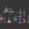 Laboratory Equipment Setup With Flask Beaker Test Tubes Stand And Colored Liquids