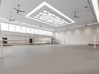 Spacious Dance Studio with Large Windows White Walls and Ballet Barres for Fitness Workouts 3d model