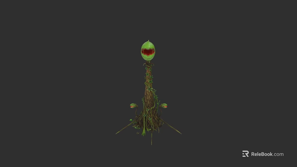 Exotic Plant With Green Flower Bud Red Center And Tangled Vines 3d model 