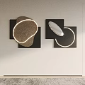 Modern Wall Decor Featuring Black Square Panels Circular LED Lights Stone Texture And Silver Oval Mirror 3d model