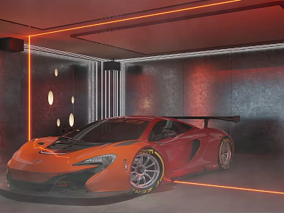 Modern Parking Garage With Orange Sports Car Orange Lighting Metallic Walls And Circular Lights 3d model