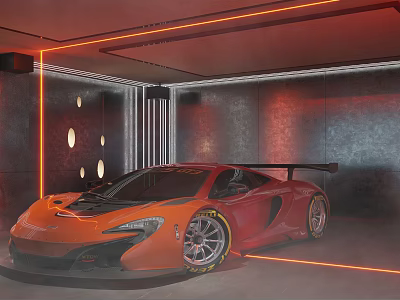 Modern Parking Garage With Orange Sports Car Orange Lighting Metallic Walls And Circular Lights 3d model