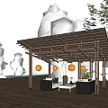 Outdoor Wooden Pergola Surrounded by Trees with Sofa Coffee Table and Roof Structure