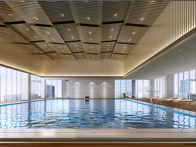 Modern Indoor Swimming Pool With Ceiling Lights And Large Windows 3d model