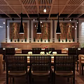 Modern Restaurant Interior Featuring Long Tables Black Chairs Wooden Floors Pendant Lights And Open Kitchen