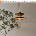 Minimalist Two Tier Disc Brass Chandelier Hanging With Green Indoor Tree And Neutral Wall