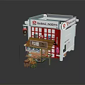 Cartoon Scene of Sushi Shop Model with Red Facade Wooden Signboard and Outdoor Tables Chairs