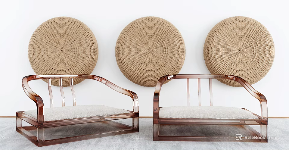 Leisure Chairs With Wooden Frame Light Cushions Against Three Round Woven Wall Decor 3d model 