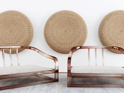 Leisure Chairs With Wooden Frame Light Cushions Against Three Round Woven Wall Decor 3d model