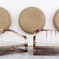 Leisure Chairs With Wooden Frame Light Cushions Against Three Round Woven Wall Decor