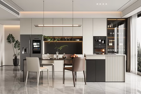 Restaurant Dining Table and Chair Wine Cabinet Sideboard Chandelier Bar Chandelier Refrigerator 3d model