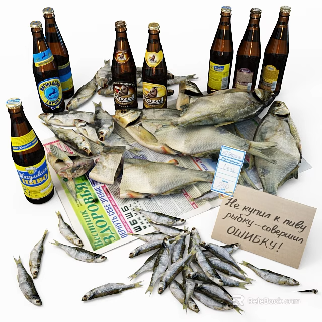 Dried Fish and Beer Bottles Displayed with Newspaper and Small Fish 3d model 