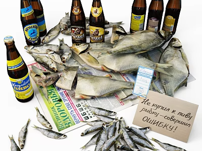 Dried Fish and Beer Bottles Displayed with Newspaper and Small Fish 3d model