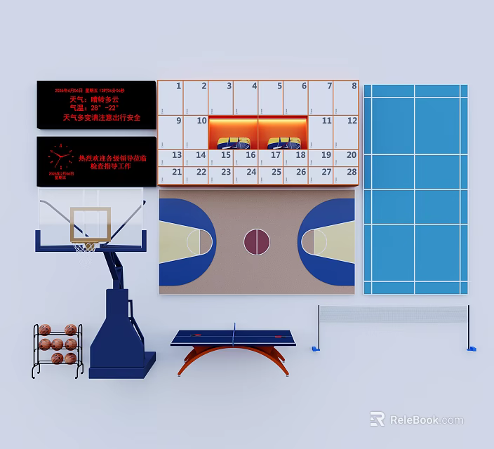 Sports Equipment Including Basketball Hoop Balls Table Tennis Table Tennis Net And Scoreboard 3d model 